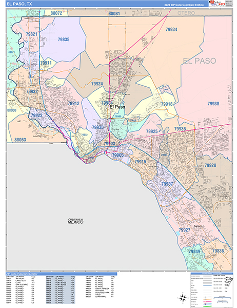 El Paso City Wall Map Color Cast Style